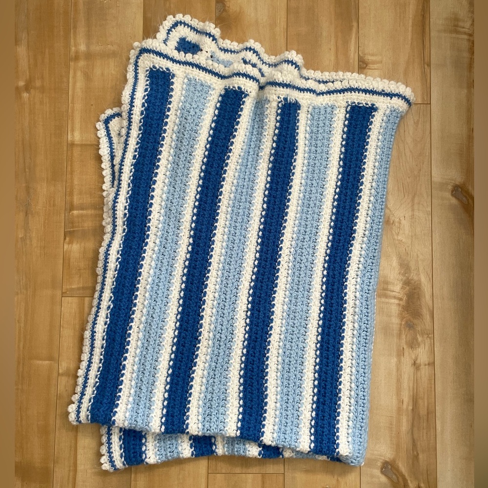 Blue and White Striped Crochet Blanket